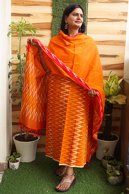 IKKAT Orange Cotton Ikkat Suit