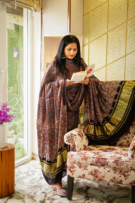 Black Ajrakh Modal suit with Lagripatta print 1