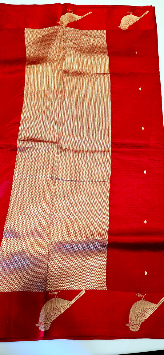 Pure red puna silk Saree with bird motif
