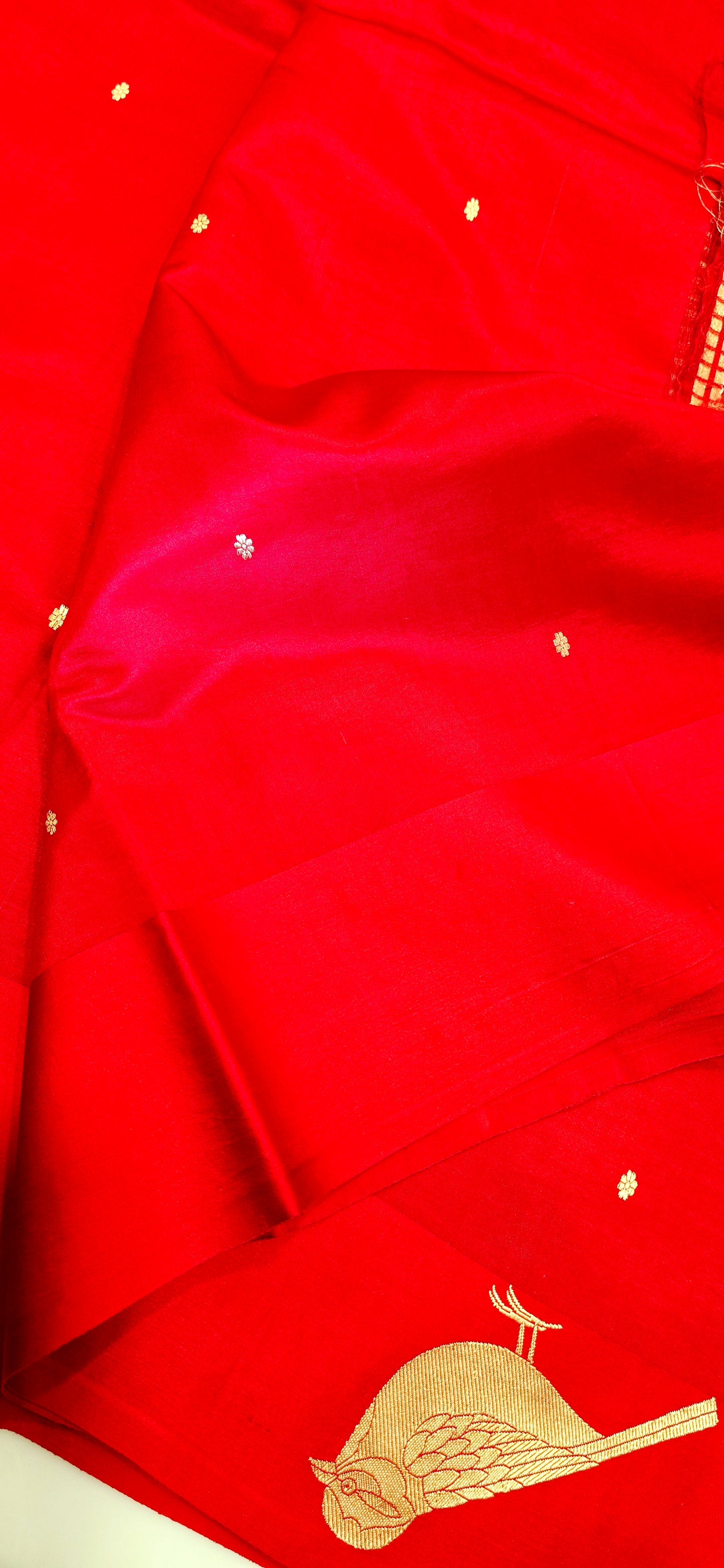 Pure red puna silk Saree with bird motif