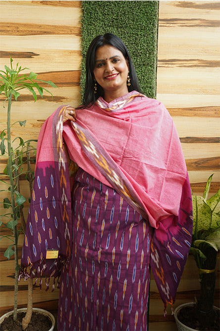 IKKAT Pink and purple cotton ikkat suit