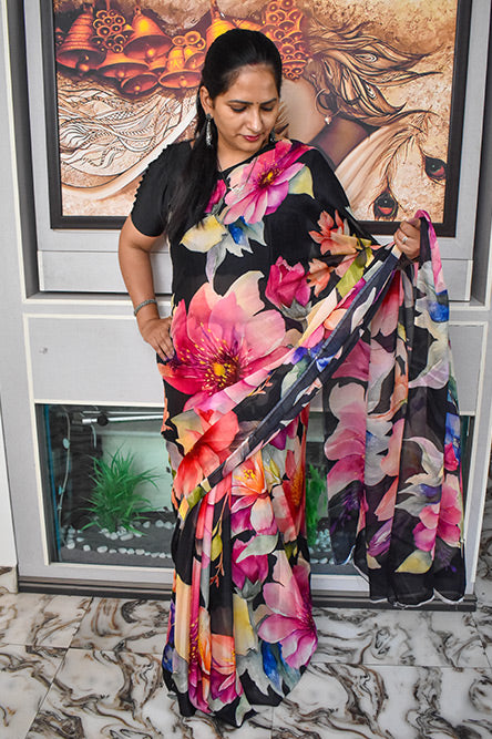 Black Crepe chiffon Saree in Digital Floral Print