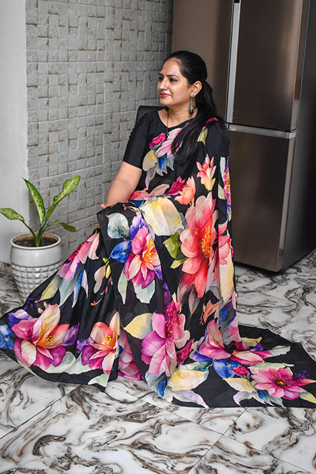 Black Crepe chiffon Saree in Digital Floral Print