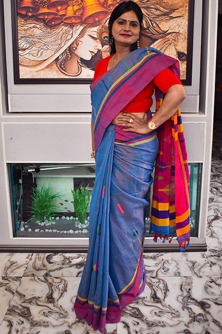 Blue Handloom Tissue Linen Saree With Red Border