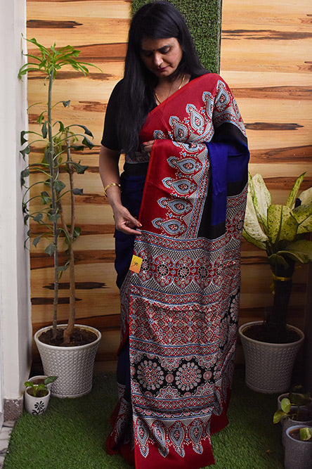 Blue Modal With Ajrakh Border And Pallu