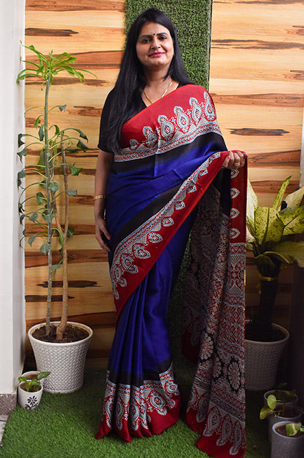 Blue Modal With Ajrakh Border And Pallu