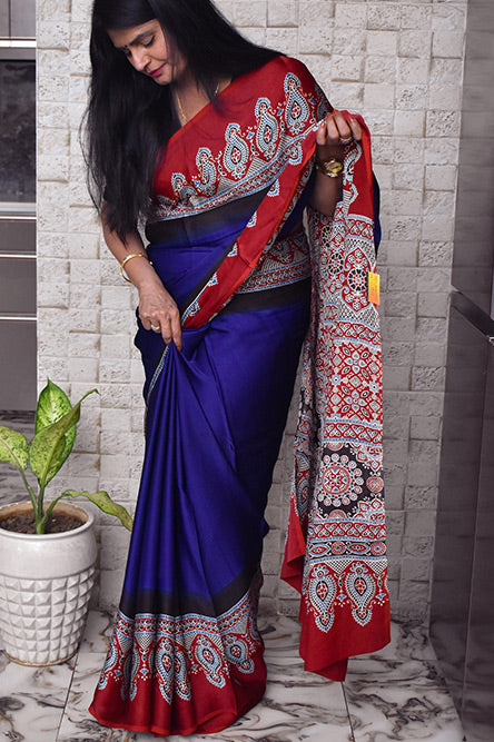 Blue Modal With Ajrakh Border And Pallu