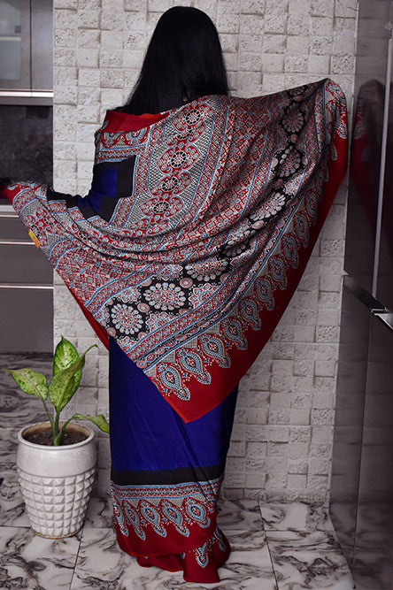 Blue Modal With Ajrakh Border And Pallu