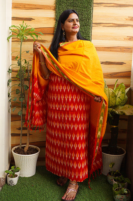 IKKAT Yellow red cotton ikkat suit