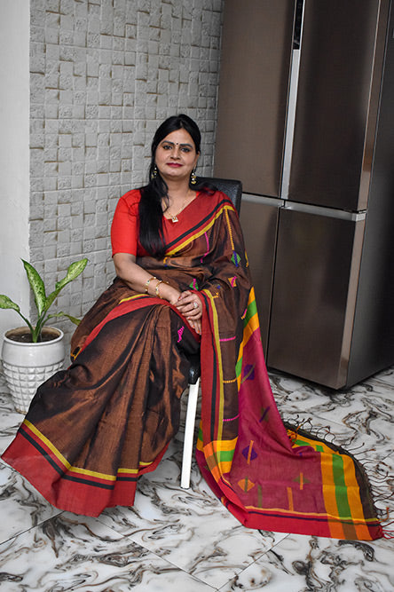 Brown Linen Tissue Saree
