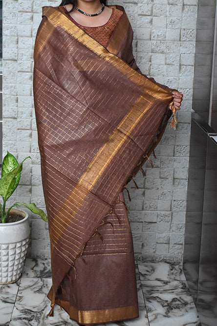 Brown zari woven cheques Maheshwari Saree