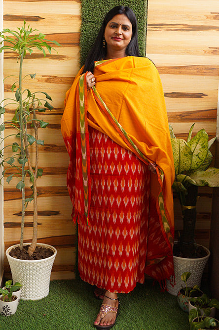 IKKAT Yellow red cotton ikkat suit