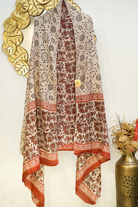 Cotton Modal Beige Block Print design 1