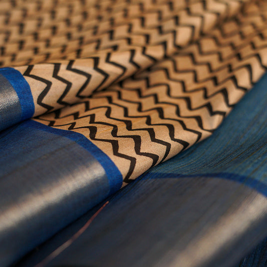 Cream And Black Stripe With Blue Border Tussar Saree