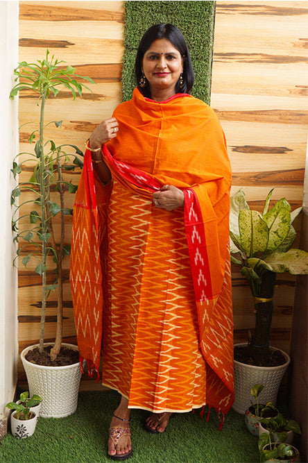 IKKAT Orange Cotton Ikkat Suit