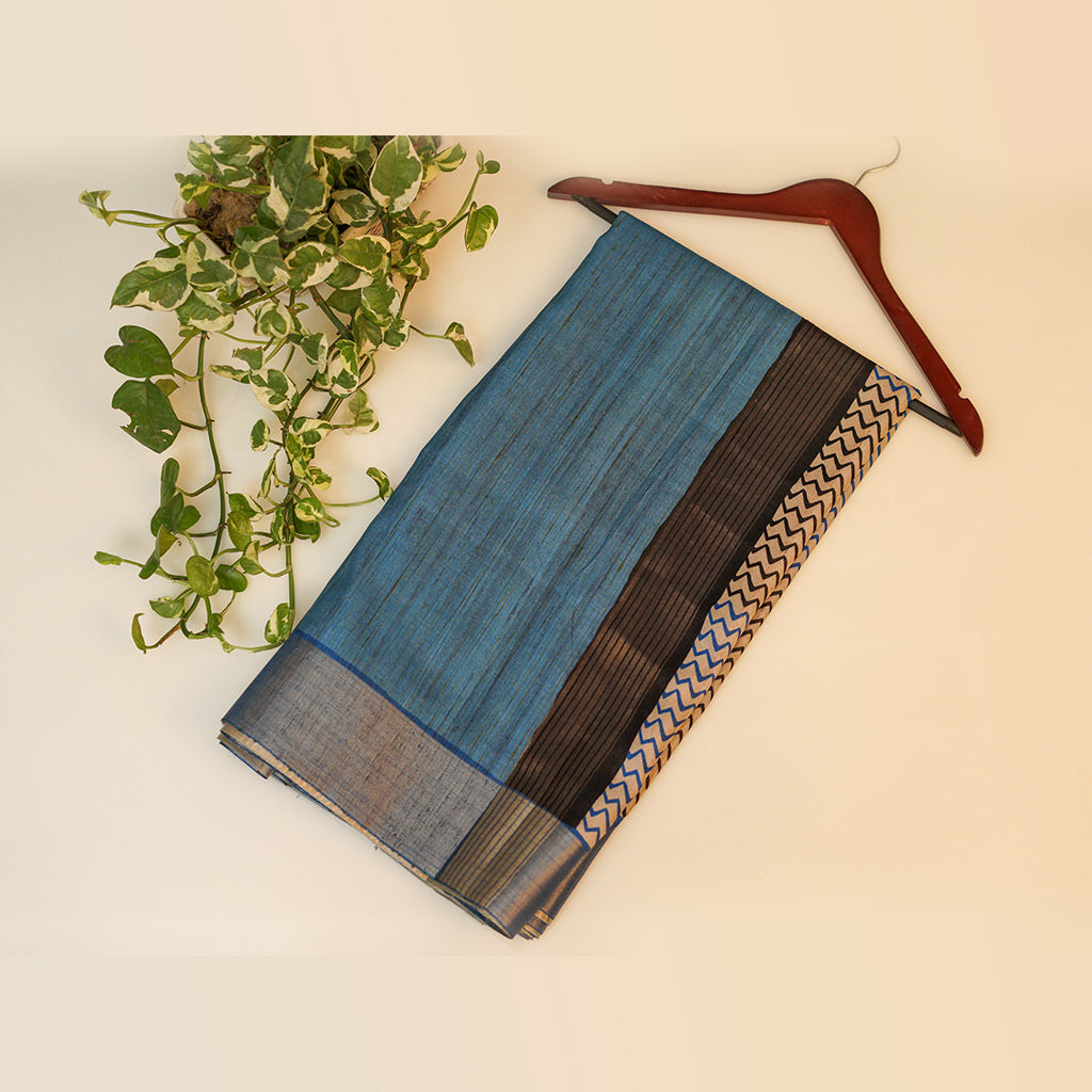 Cream And Black Stripe With Blue Border Tussar Saree
