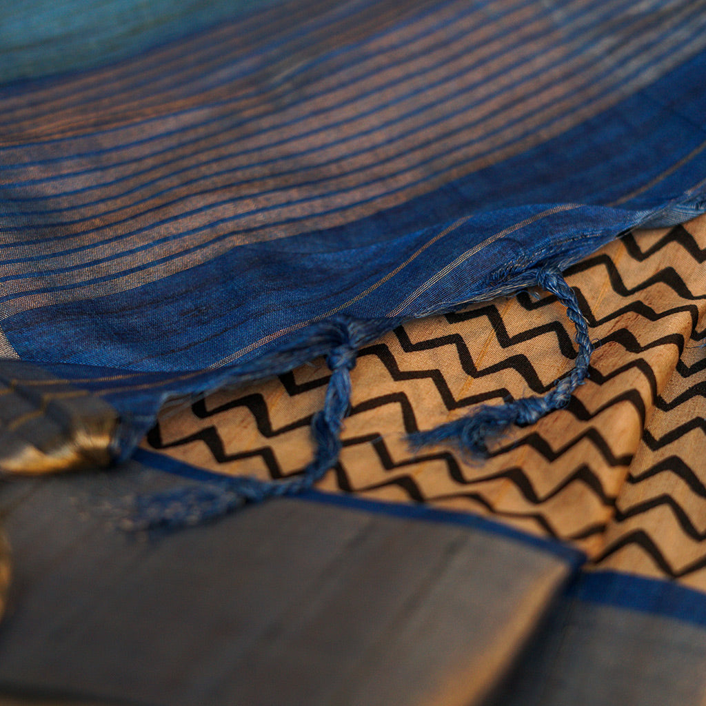 Cream And Black Stripe With Blue Border Tussar Saree