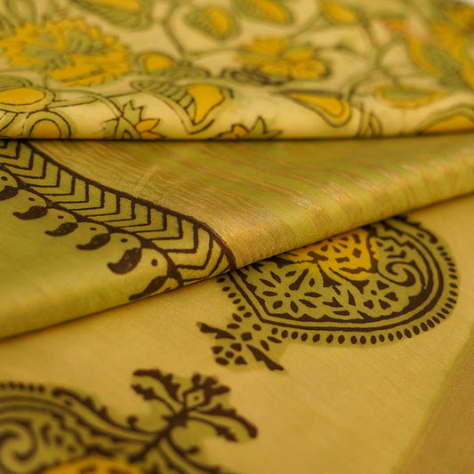 Green Block Print russian silk Cotton Saree