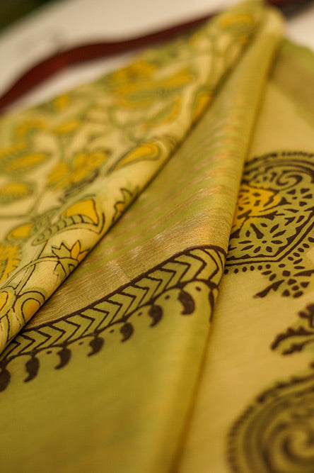 Green Block Print russian silk Cotton Saree