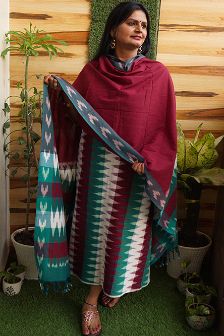 IKKAT Mehroon white green cotton ikkat suit