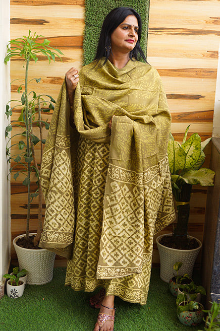 Green MODAL Cotton Suit with blockprint