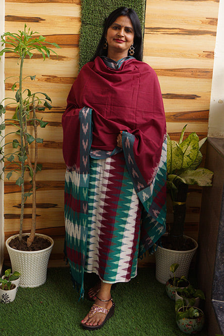 IKKAT Mehroon white green cotton ikkat suit