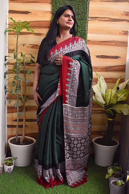 Green Modal With Ajrakh Border And Pallu