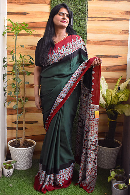 Green Modal With Ajrakh Border And Pallu