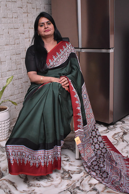 Green Modal With Ajrakh Border And Pallu