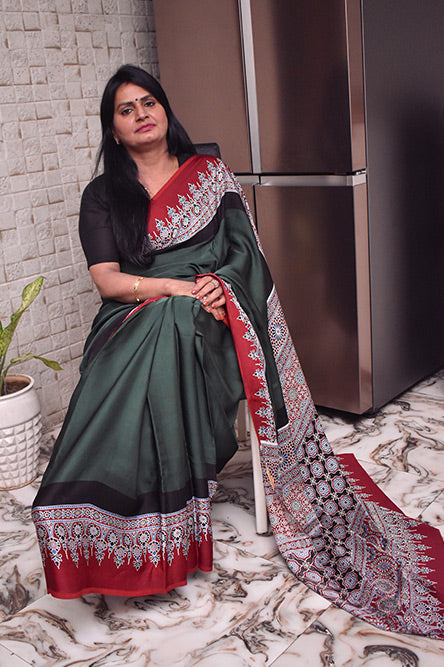 Green Modal With Ajrakh Border And Pallu