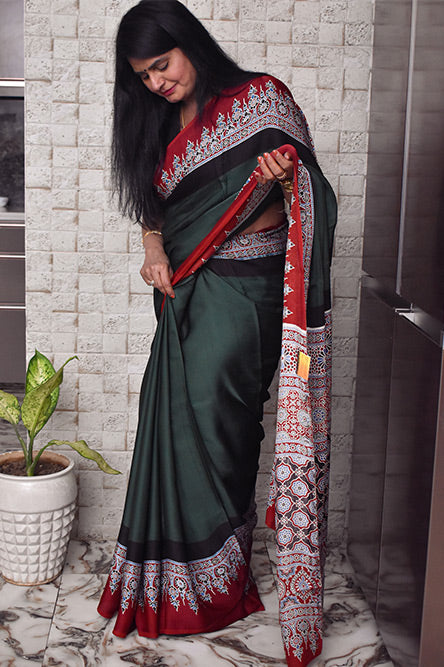 Green Modal With Ajrakh Border And Pallu