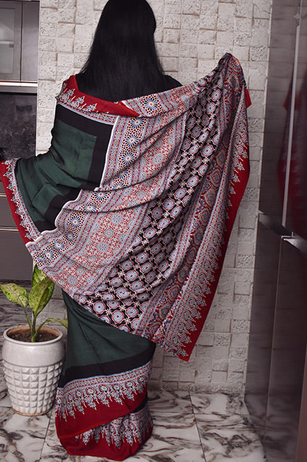 Green Modal With Ajrakh Border And Pallu
