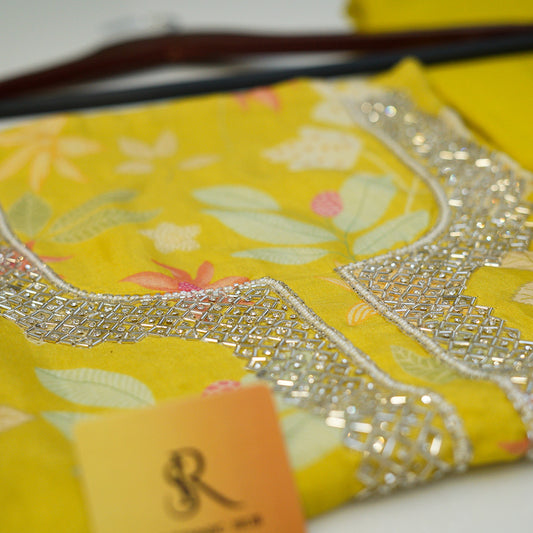 Greenish Yellow Crepe Suit With Cut Dana Embroidery