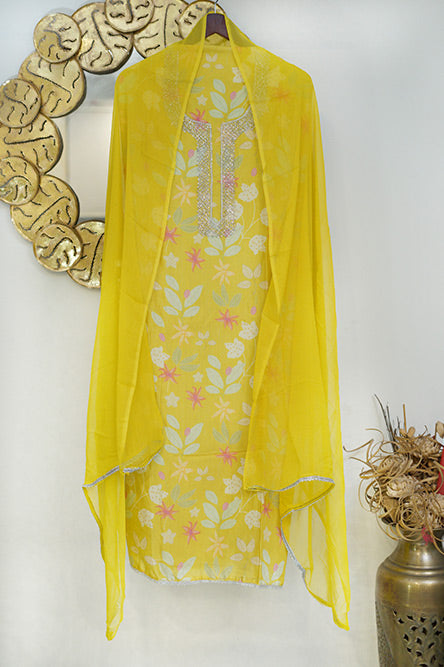 Greenish Yellow Crepe Suit With Cut Dana Embroidery