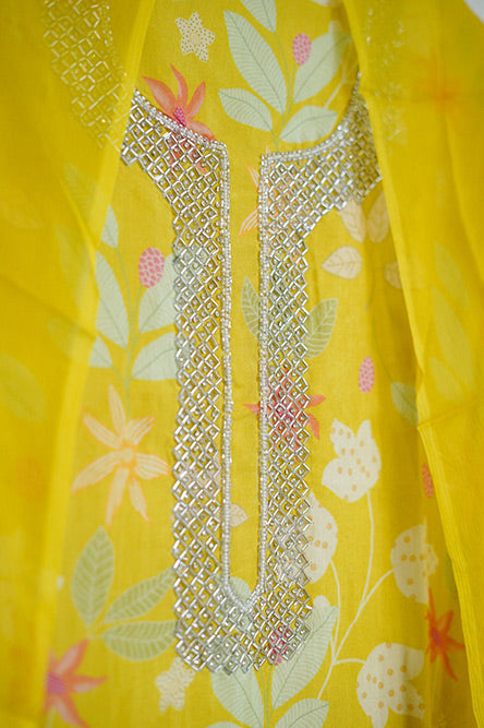 Greenish Yellow Crepe Suit With Cut Dana Embroidery