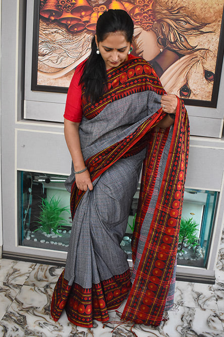 Grey Saree With Broad Black Red Border