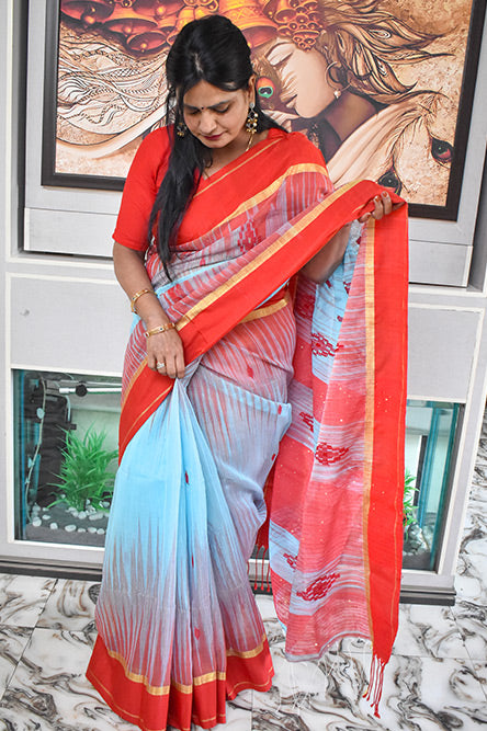 light Blue Red Linen Saree
