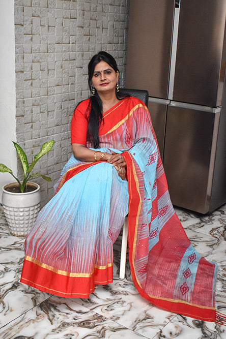 light Blue Red Linen Saree