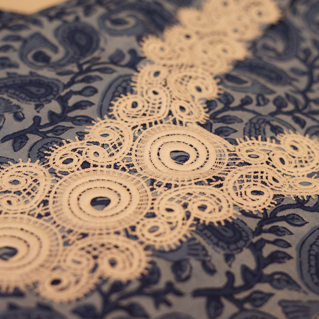 Light Indigo Cotton Suit With Broad Neck Lace