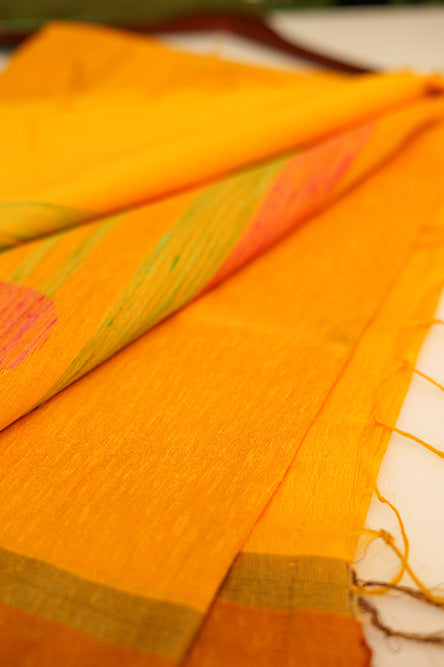 Orange Cotton Jute handloom Saree