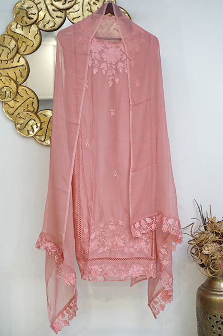 Organza Peach Colour Cutwork 3 pc Suit
