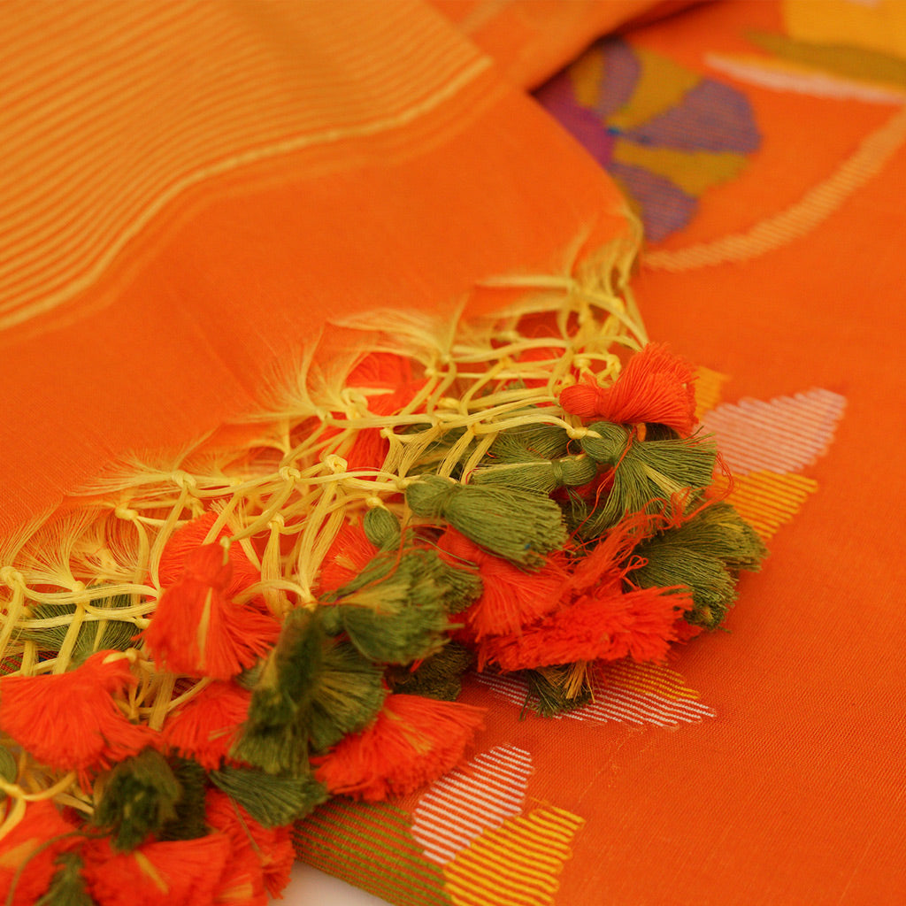 JAMDANI Light Orange suit with pink and green tassels