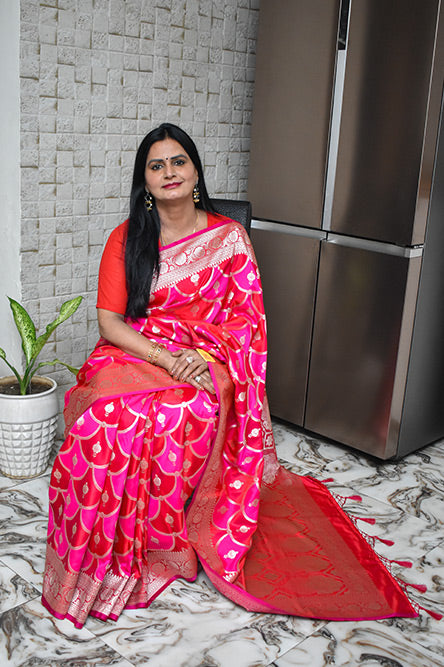 Pink And Red Mushru Silk Saree Rangkart