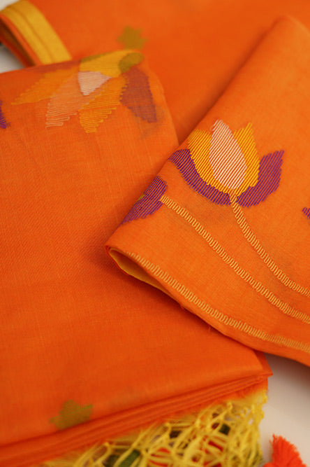 JAMDANI Light Orange suit with pink and green tassels