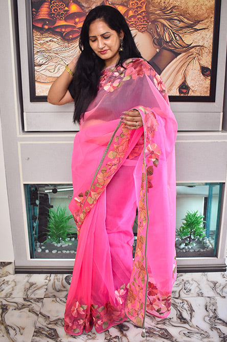 Pink Organza Saree With Floral Border