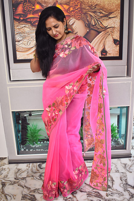 Pink Organza Saree With Floral Border