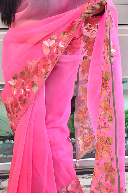 Pink Organza Saree With Floral Border