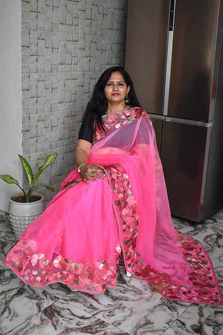 Pink Organza Saree With Floral Border