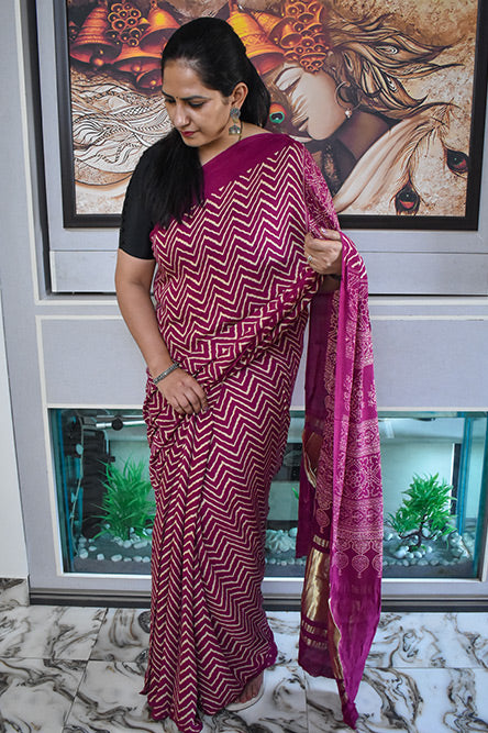 Purple Zigzag Modal Silk Saree With Lakripatta