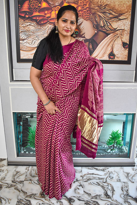 Purple Zigzag Modal Silk Saree With Lakripatta